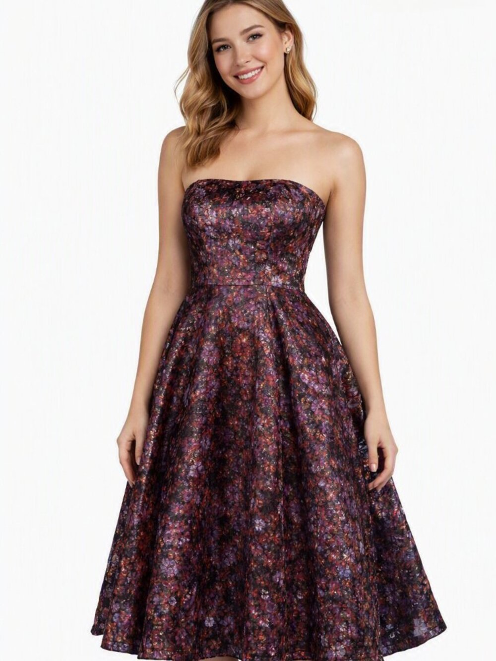 Elegant Strapless Metallic Floral A‑Line Dress
